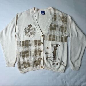 EP Pro Golf Cream Colored Cardigan with Plaid Design & Golfer Motif.